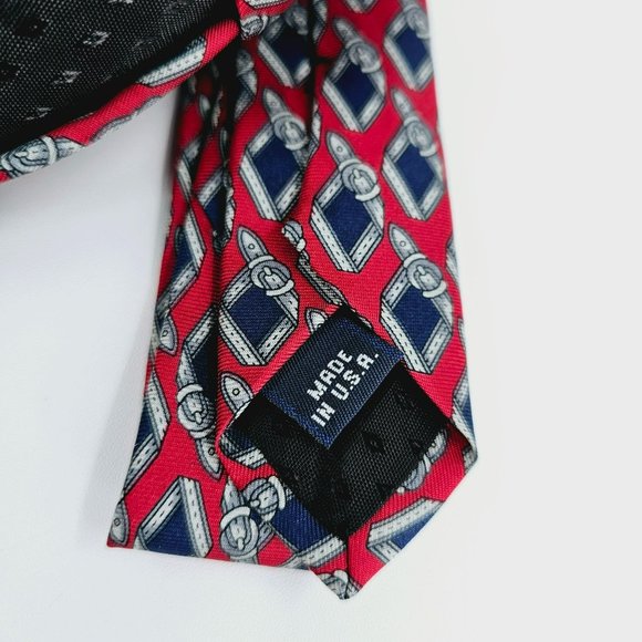 Masetti Silk Tie Belt Print Red Blue Geometric USA Made Gift Classic Office Work - Picture 6 of 11